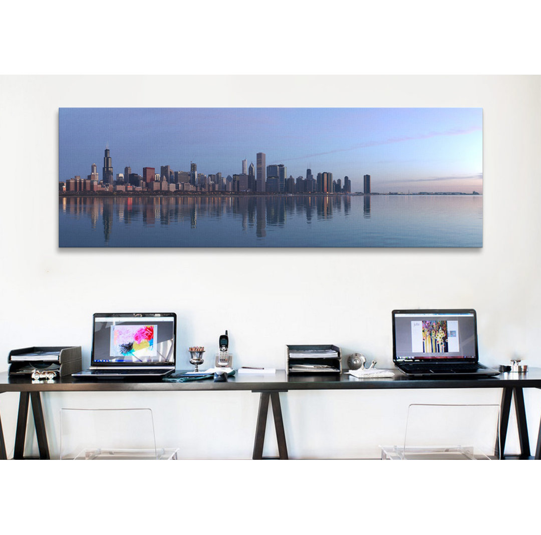 " Chicago Panoramic Skyline Cityscape (Black & White - Sunrise) " Ebern Designs 