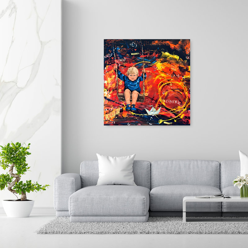 Garçon sur une balançoire colorée, art abstrait expressionniste coloré, 48" H x 48" W