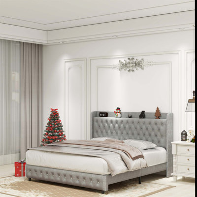 Wingback Upholstered Platform Bed Frame With Galaxy Projector, Diamond Button Headbaord, USB Charger, Music Speaker