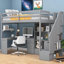 Petit lit plateforme mezzanine simple en pin gris avec bureau intégré en L et rangement