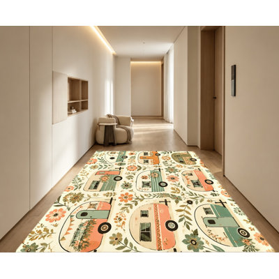 Tapis rétro à motif floral, voiture rétro et motif floral, tapis antidérapant, décoration intérieure artistique pour salon, chambre à coucher, appartement