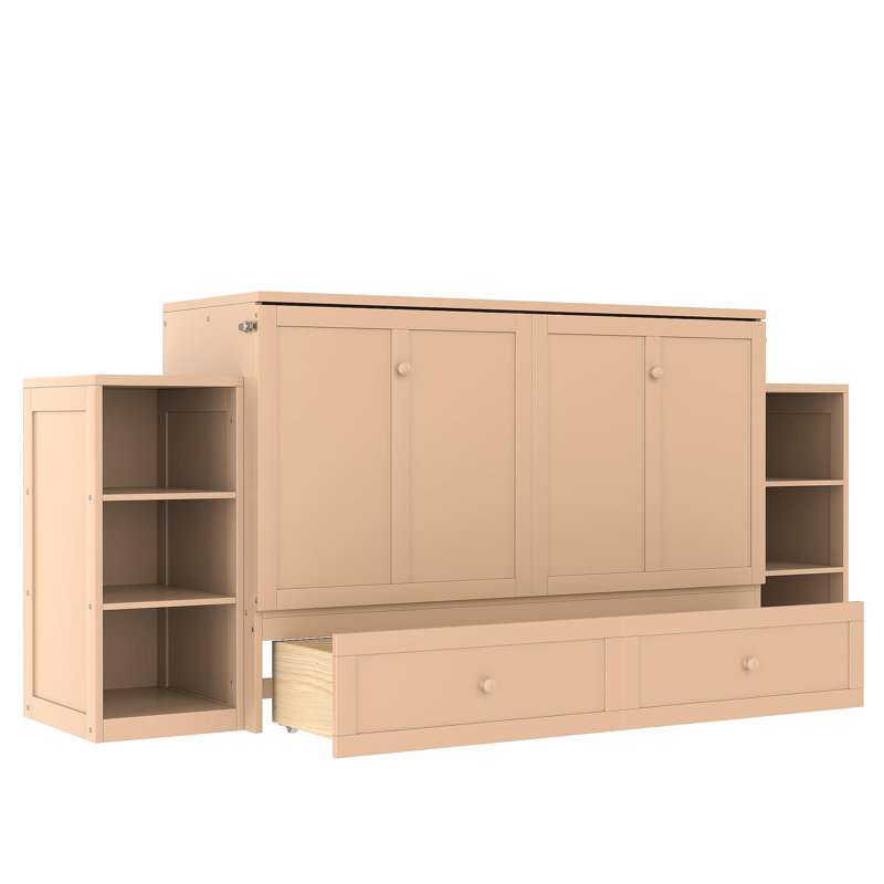 Murphy Bed With Spacious Storage Drawers And Shelves. Ideal For Guest Rooms Or Compact Bedrooms.Golden, Queen, Golden