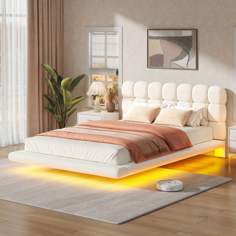 Lit plateforme capitonné avec éclairage DEL, lit suspendu moderne avec tête de lit capitonnée bouclée, sommier à lattes en bois, sans sommier tapissier.