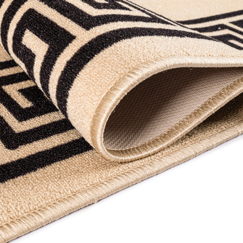 Greek-Key Beige Black Non-Slip Polypropylene Area Rug — Washable Door Mat & Hallway Runner for Living Room, Kitchen & Bedroom