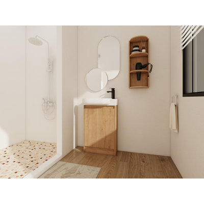 Meuble-lavabo autoportant compact avec lavabo, finition imitation chêne, style moderne