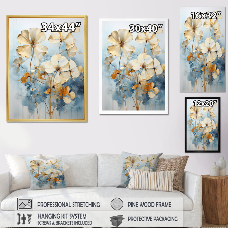Minimalisme blanc et bleu géraniums fleurs III, Cadre photo blanc, H 40 po x l 30 po x P 1,5 po