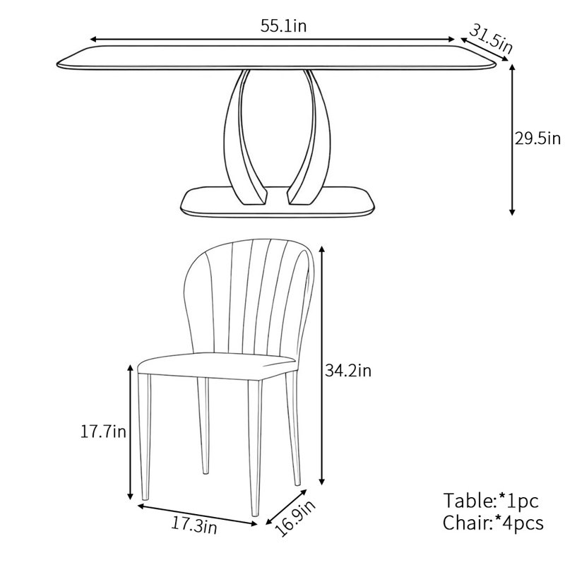 Light luxury modern rectangular dining table set, 29.5" H x 55.1" L x 31.5" W