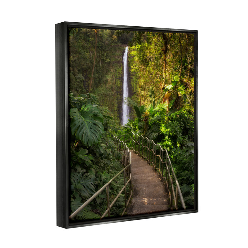 Au-807-Framed Lush Jungle Bridge Waterfall by Dennis Frates - Floater Frame Print on Canvas, Jet Black Floater Frame