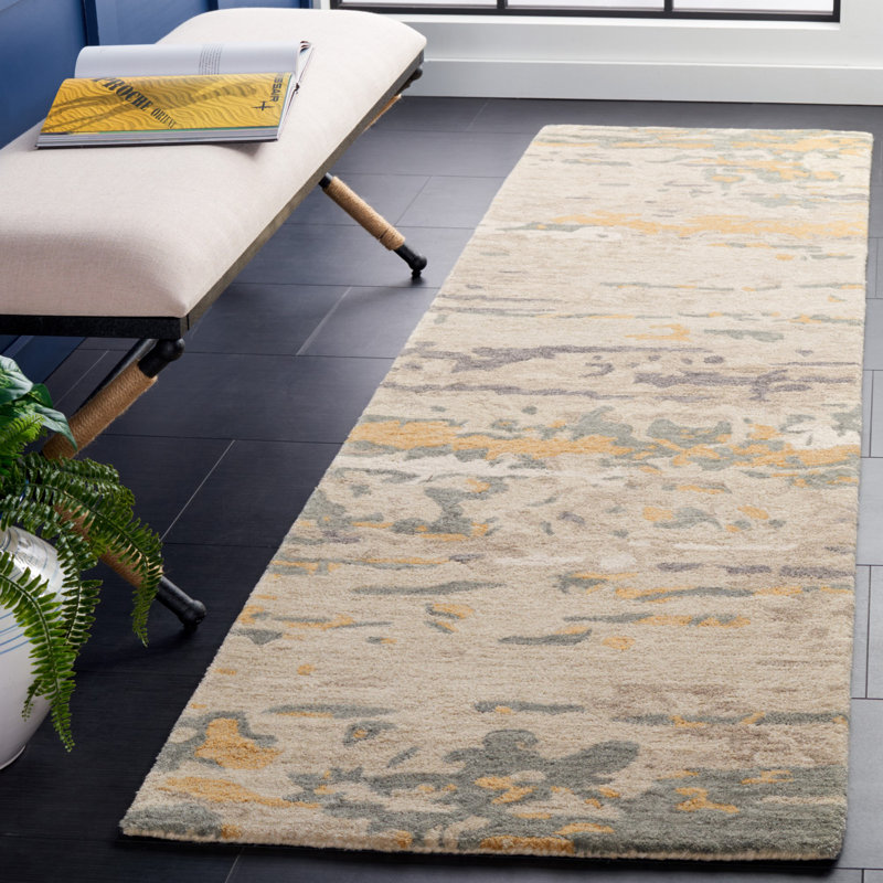 Tapis beige / gris en laine / coton touffeté à la main Soho, Tapis de couloir 2 pi 3 po x 8 pi