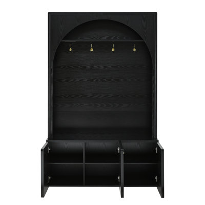 Farmhouse All-in-One Hall Tree with Adjustable Shelves, Retro Arched Entryway Storage Bench with 3 Cabinets