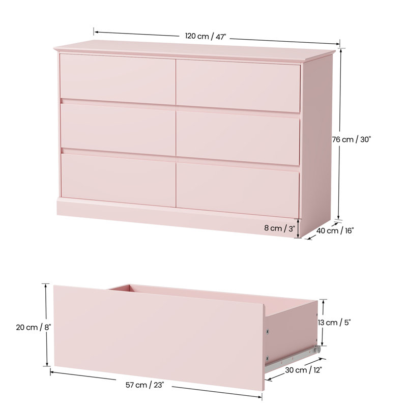 Commode double 6 tiroirs, commode 47,2 po, commode de chambre moderne pour placard et salon, rose, Rose