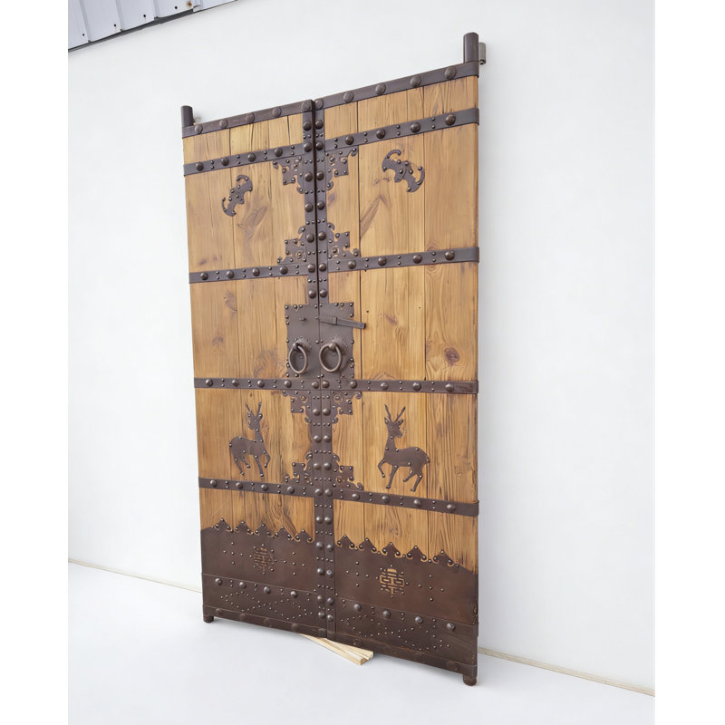 Panneaux de porte antiques en bois chinois avec motifs de cerfs et de chauves-souris en fer