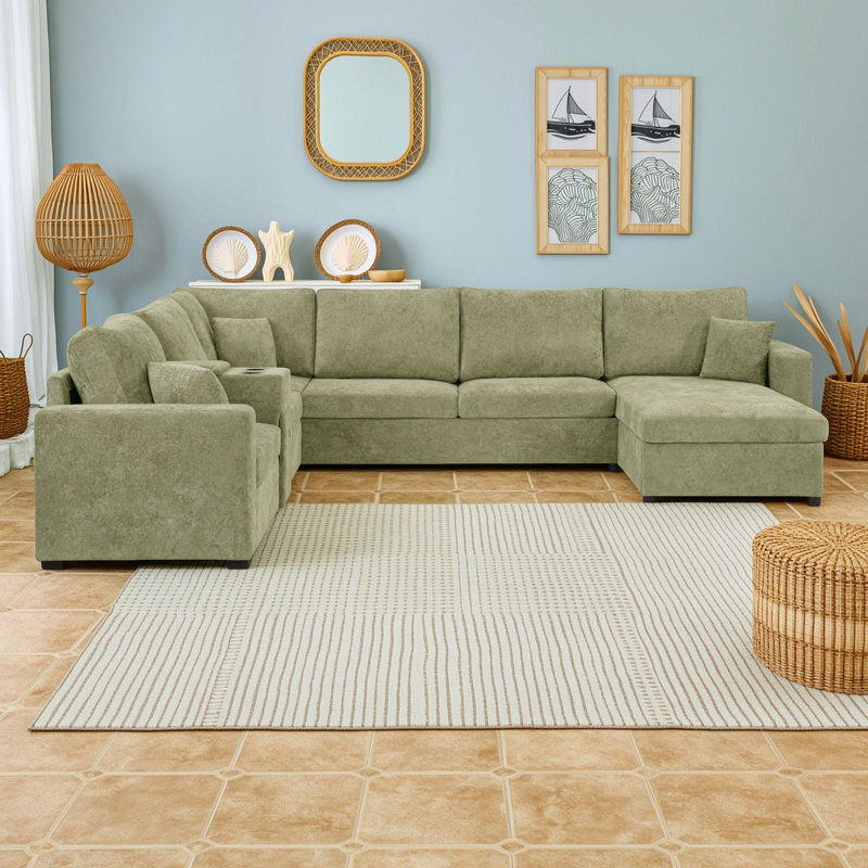 Canapé d'angle modulaire cinq places avec tiroir de rangement, Vert