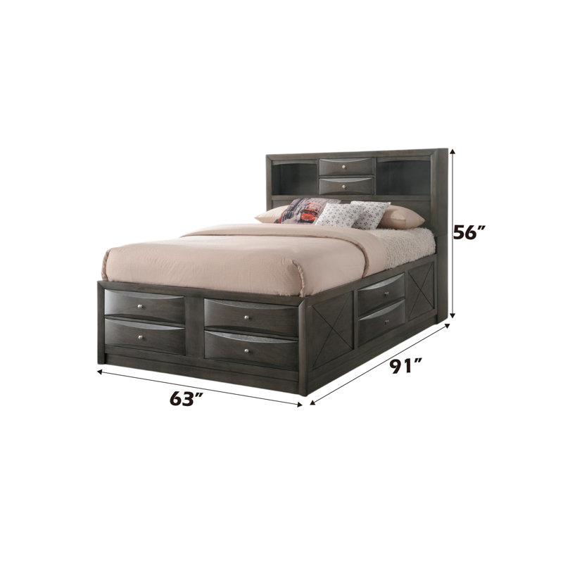Transitional Gray Oak Queen Bed with Bookcase and Storage Drawers