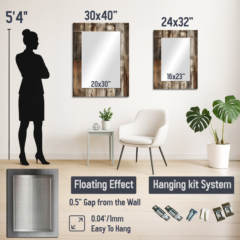Rustic Barnwood Weathered Tones - Large Wall Mirror On Metal, 40" x 30"