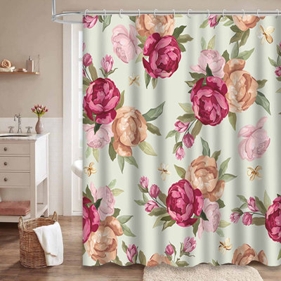 Rideau de douche imperméable à motif floral rose avec 12 crochets