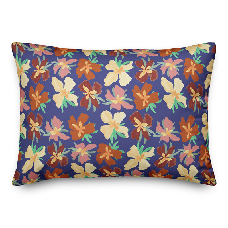 Coussin Floral, H 14 po x l 20 po, Rectangle, Motif floral bleu