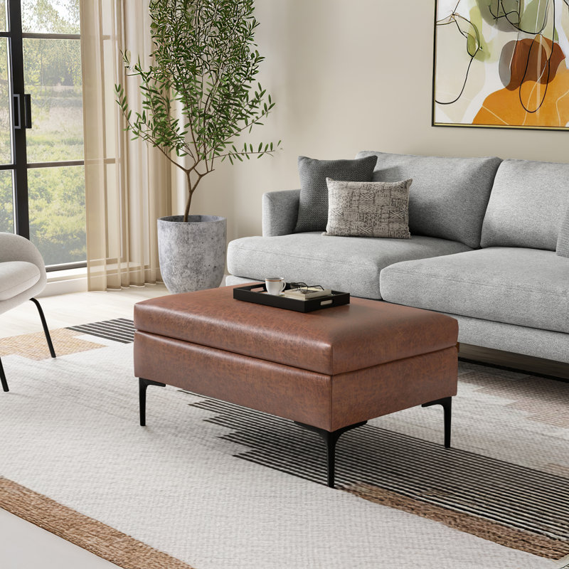 Repose-pieds rectangulaire avec rangement en cuir végétalien Mid-Century