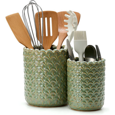 Kitchen Utensil Holder, Large 7.5"+6.2" Petal Ceramic Utensil Crock for Countertop, Utensil Holder with Cork Mat, Morden Utensil Organizer