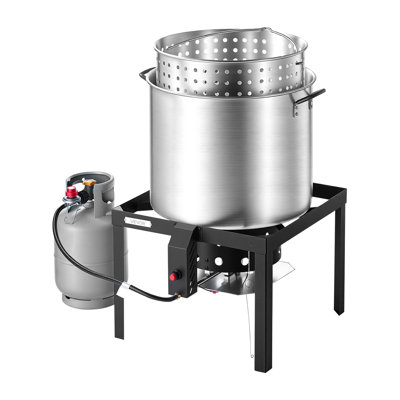 Ensemble de cuisson de fruits de mer de 100 pintes avec passoire, cuiseur à écrevisses en aluminium, idéal pour la cuisson à l'extérieur dans le jardin des crabes, crevettes, homards et soupes, ensemble friteuse-cuiseur vapeur avec support et brûleur à propane de 110 000 BTU.
