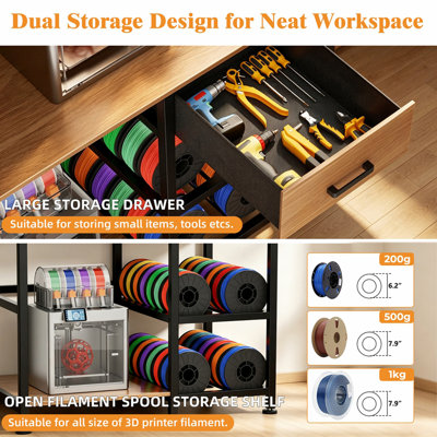 Support d'imprimante 3D avec station de travail de filament, banc d'imprimante 3D avec tiroir et station de charge, grande tablette d'imprimante avec panneau perforé et crochets pour le garage Home Studio