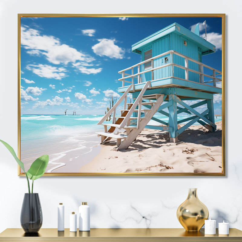 Turquoise Miami Lifeguard Whispers II, reproduction d'art sur toile, H 24 po x l 32 po x P 1 po, Cadre flottant doré