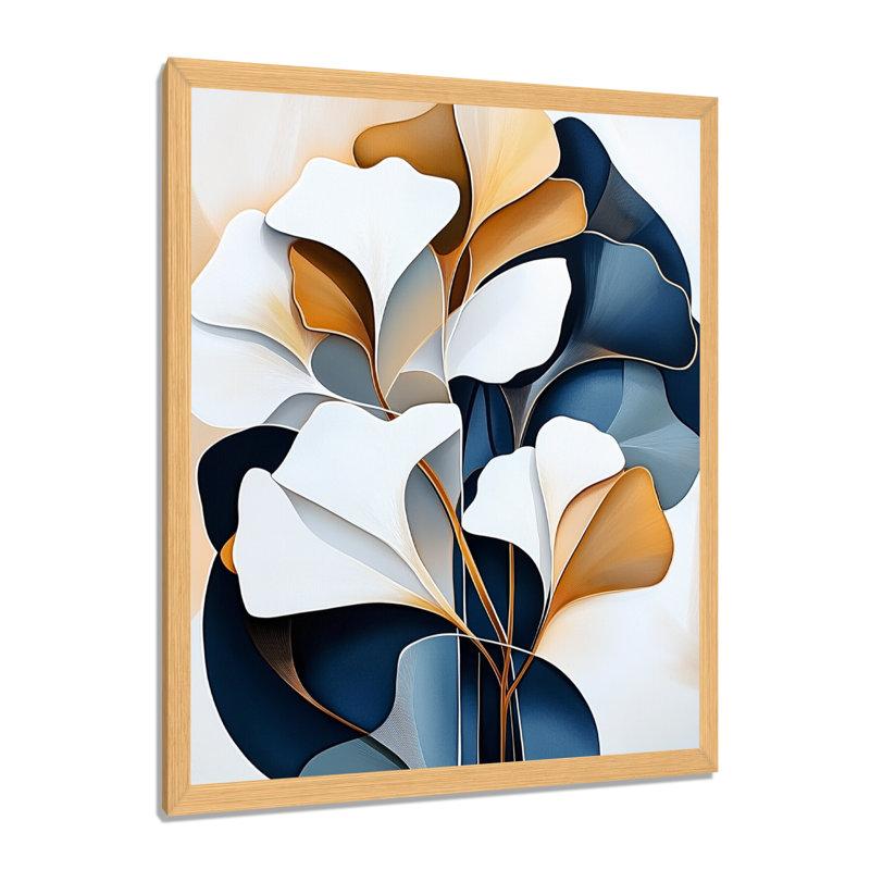 Ginkgo dans le silence doré III - Tableau encadré bleu de style Japandi moderne, H 32 po x l 24 po, Natural Picture Framed