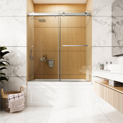 Porte de douche/baignoire coulissante double en verre trempé transparent, sans cadre, série VS, 142-152 cm (L) x 168 cm (H) | Verre trempé transparent de 10 mm d'épaisseur | Revêtement facile à nettoyer | Quincaillerie durable en acier inoxydable | Joint d'étanchéité