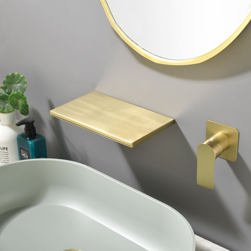 Waterfall Wall Mount Tub Faucet 2 Hole Bathtub Faucets Brass Single Handle Tub Fillers, Brushed Gold