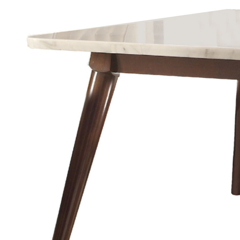 Alycea 64 Inch Modern Marble Top Dining Table, Tapered Wood Legs, White, Brown