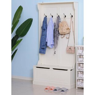 Carmalita White and Brown Hall Tree with Shoe Cubby and Coat Rack, Sho