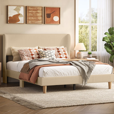 Abe Aadi Queen Size Corduroy Upholstered Platform Bed Frame with Channel Tufted Wingback Headboard — No Box Spring Needed, Space-Saving Design for Small Bedrooms & Apartments