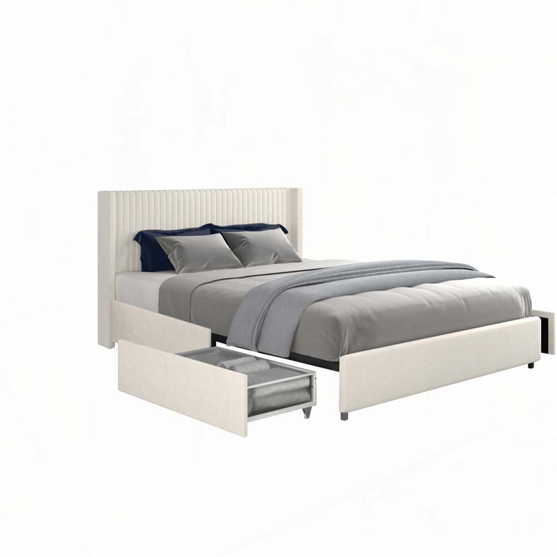 Lit plateforme tapissier en velours avec rangement à 2 tiroirs