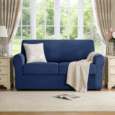 3 Piece Stretch Velvet Couch Covers，Sofa Slipcover For 2 Cushion Couch, Machine Washable Furniture Protector(Loveseat,Dark Blue)