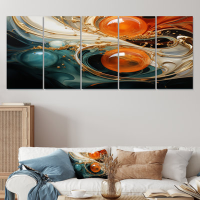 Orange And Gold Planet Waves II - Abstract Painting 5 Piece Wall Art Decor