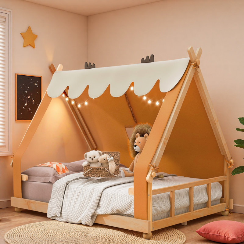 Lit maison avec tente et lumière, Lit double, Brun