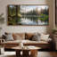 Toile encadrée extra large représentant un paysage de lever de soleil sur un lac brumeux en forêt.-516422368-516422370