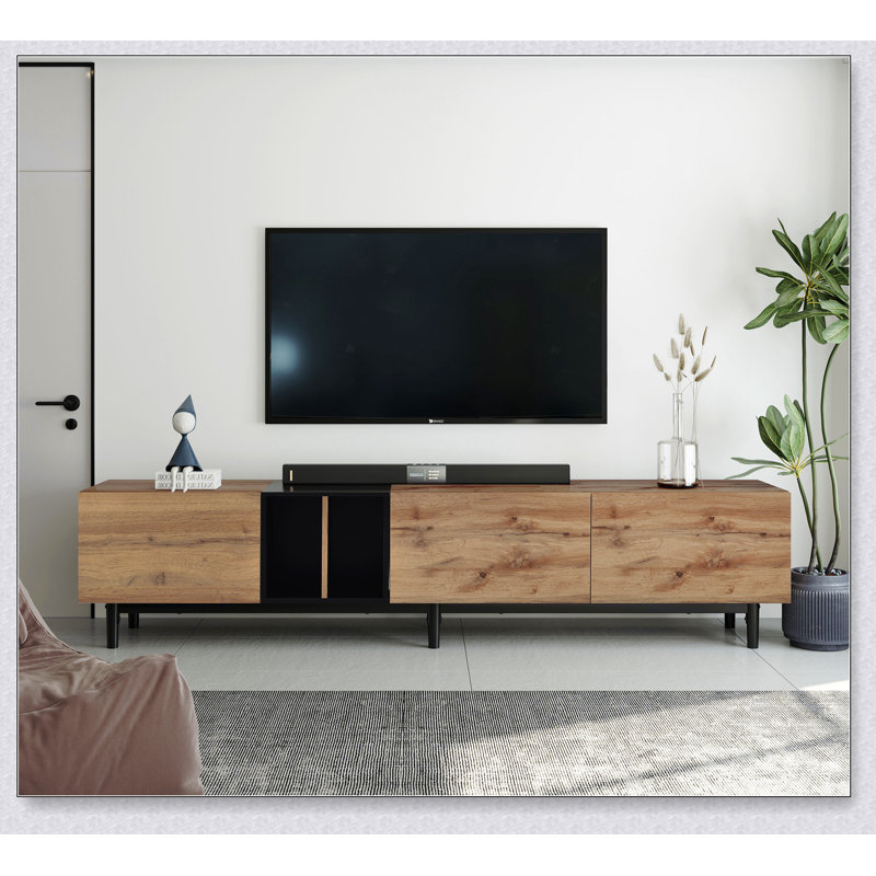 Meuble télé pour téléviseur 80 po avec 3 portes, console média avec grand rangement, Bois naturel