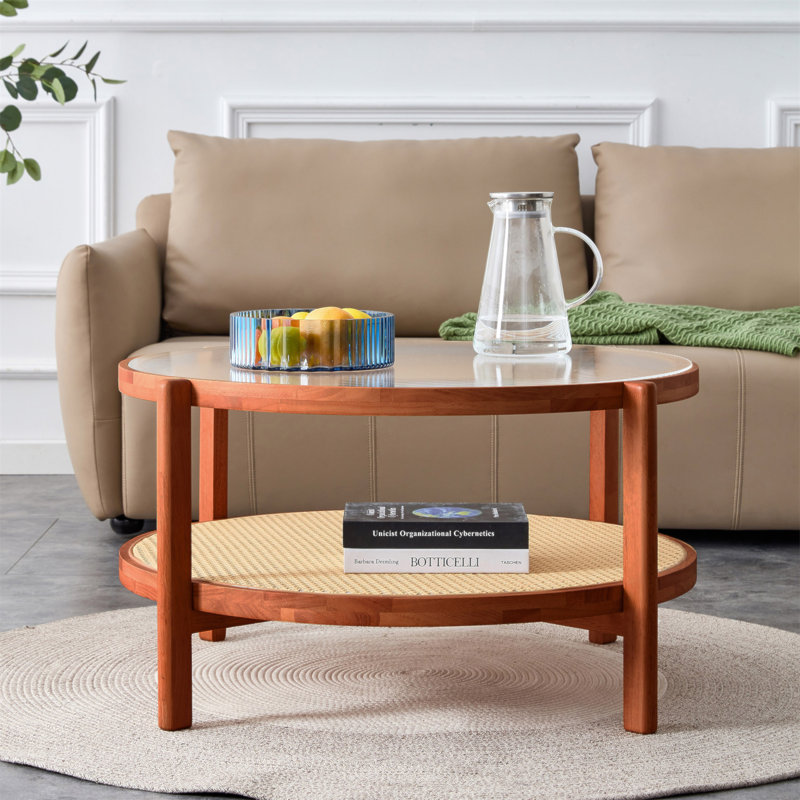 Table basse moderne en bois massif à double couche circulaire, plateau de table en verre artisanal, matériau de la deuxième couche: rotin PE, structure en bois massif