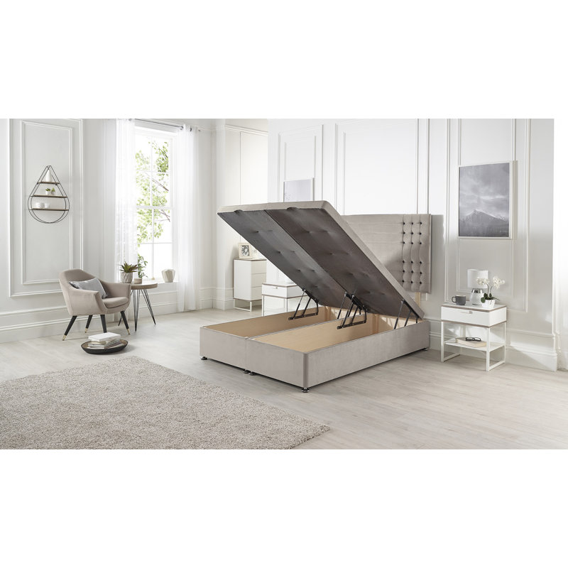 Luxara Solid Wood Ottoman Bed End Opening with Upholstered Headboard Tweed Fabric, Super King (6'), Silver Plush Velvet