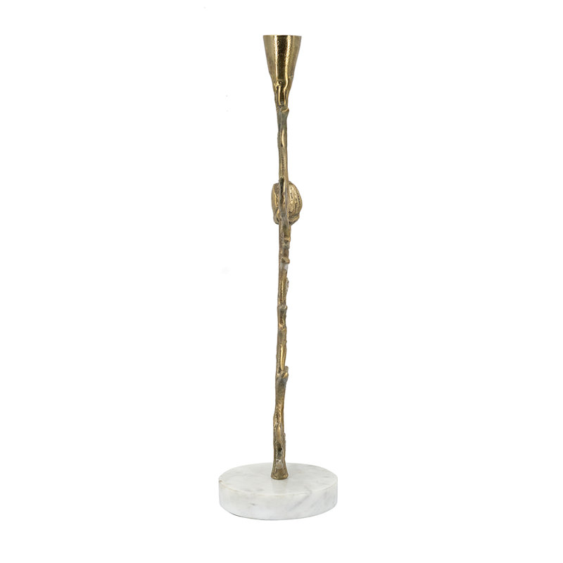Support doré multi-conique avec branches complexes et support en marbre blanc, H 16 po x l 6,5 po x P 4 po