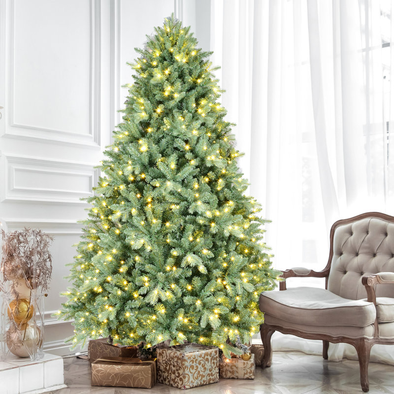 Arbre de Noël 8 pi avec 900 lumières DEL blanc chaud, 3308 pointes, système à charnières à installation simple, support en métal pour les fêtes de fin d'année, teinte de 96 po avec des branches rapides et faciles, temps des fêtes fiable