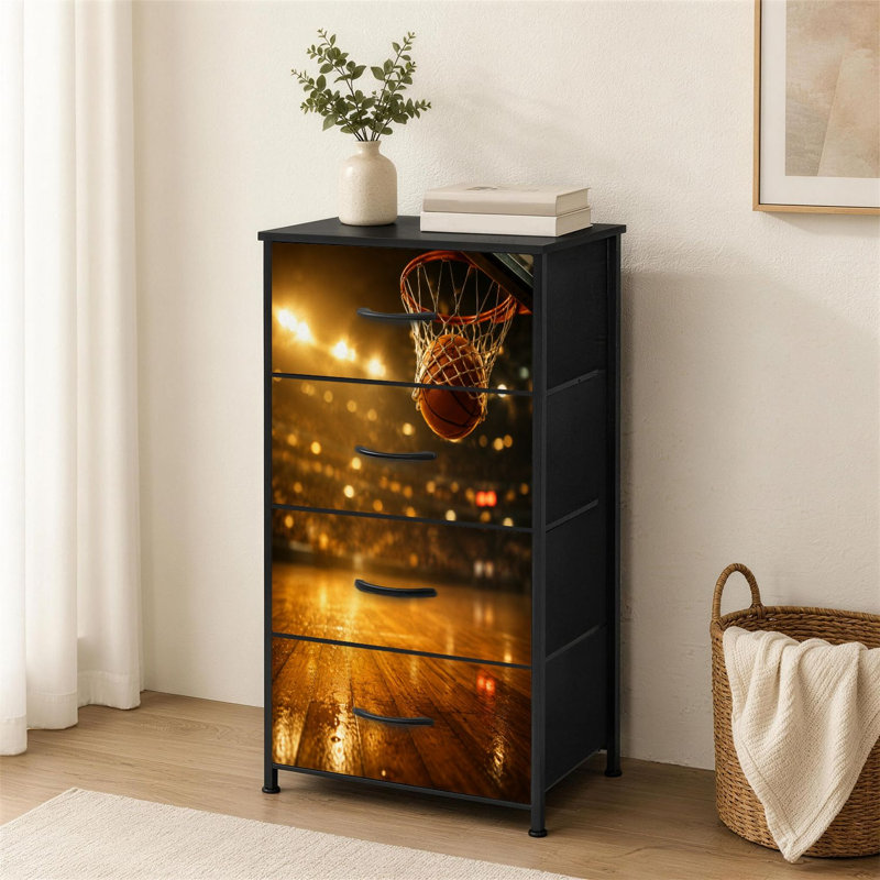 Commode 4 tiroirs pour chambre à coucher Basketball Hoop Ball Motion brillant sous les lumières du stade Petite grande commode pour vêtements