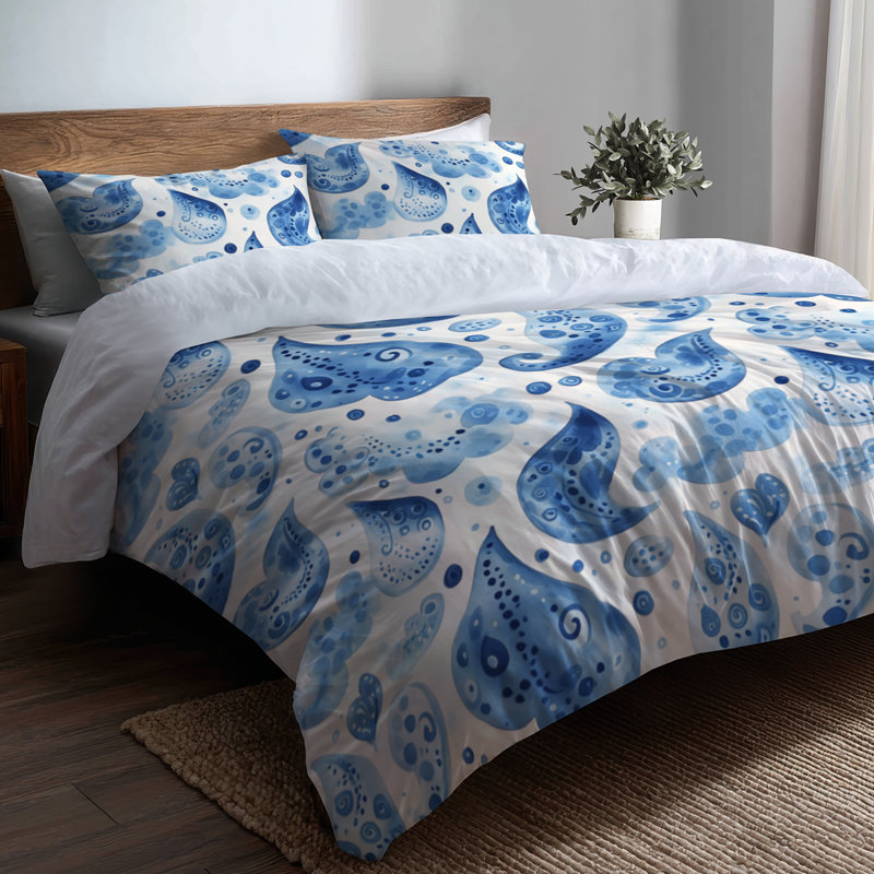 Ensemble de 6 édredons Boho - Nuage de cachemire bleu et blanc contemporain avec taies et coussins Boho