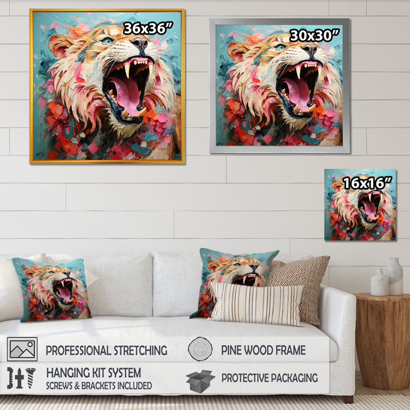 Lion rose rose - décoration murale animal lion, H 16 po x l 16 po x P 1 po, Cadre flottant blanc