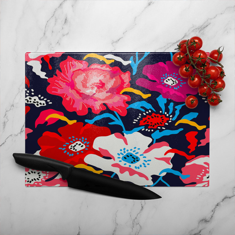 Bright Flowers On Dark Glass Chopping Board, 40cm L x 28cm W