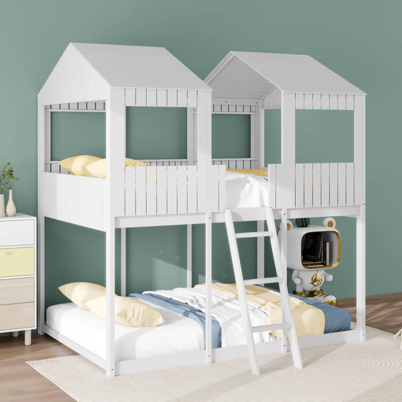 Lit superposé double au-dessus d'un lit double avec toit et fenêtre, cadre de lit superposé en bois avec garde-corps et échelle pour enfants et adolescents