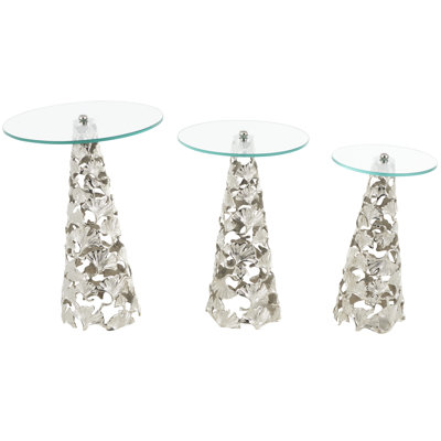 Aadrian Aluminum Metal Cutout Cone Shaped Floral Side End Gold Accent Table with Tempered Glass Tabletop Set by Mercer41
