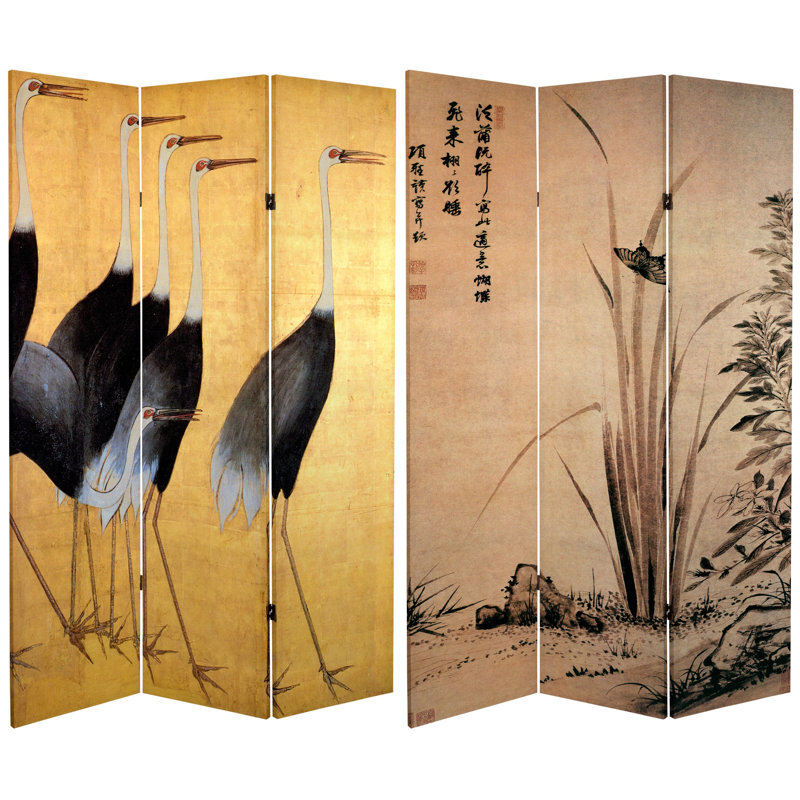 East Asian Art Canvas Folding Room Divider, Cranes