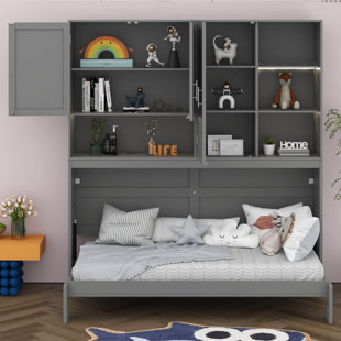 Lit escamotable simple avec armoire supérieure, cadre de lit mural pliable multifonctionnel avec lumière et USB, tablettes pour chambre d'amis